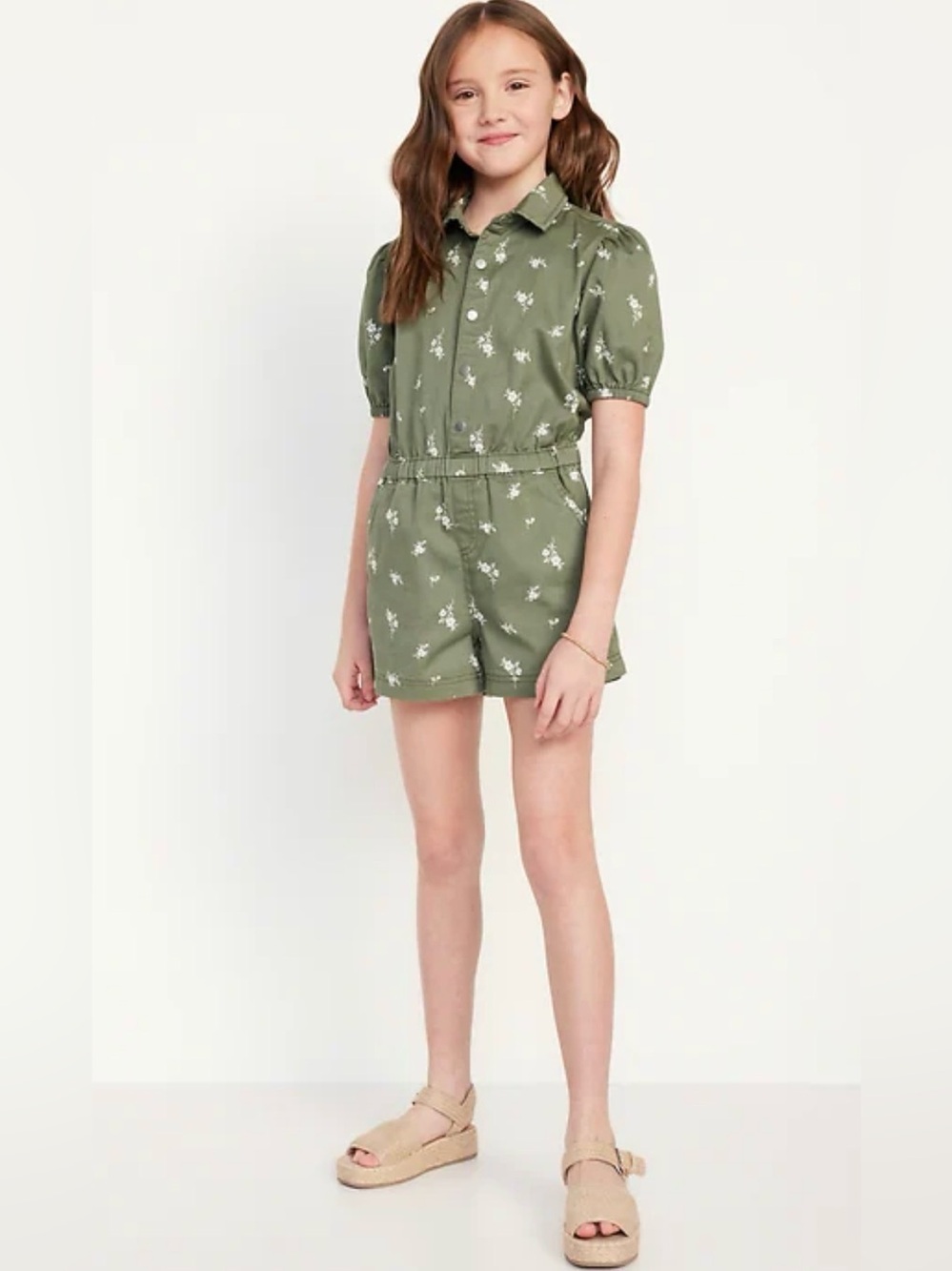 Old Navy Girl’s Olive Green Floral Puff Sleeve Button-Front Romper - Sz Med 8